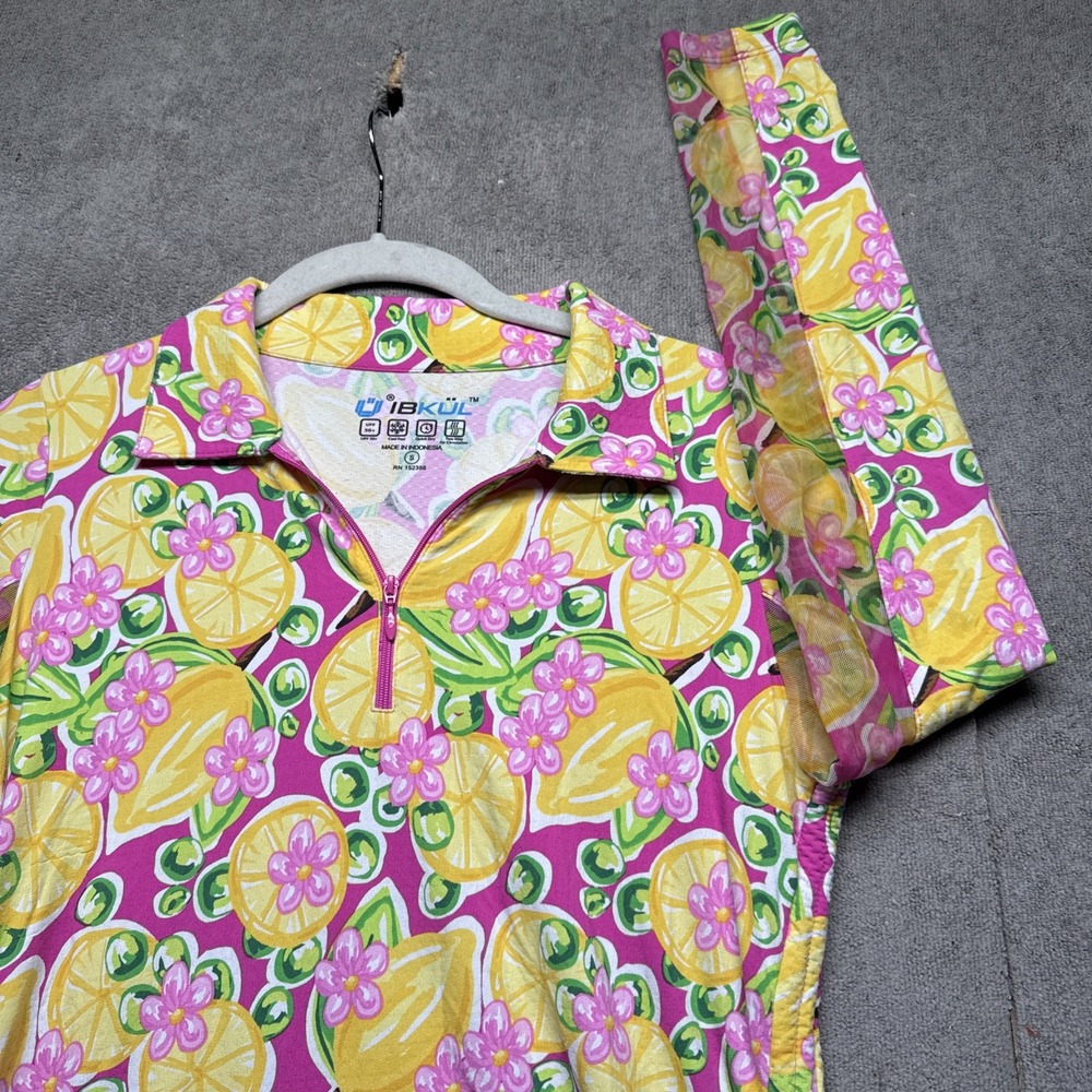 IBKUL Women's Pink Lemon Print 1/4‎ Zip Performance Golf Activewear Top Small